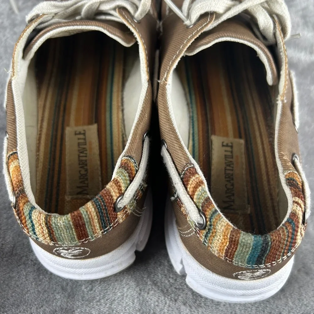 Margaritaville Cabo Brown Canvas Boat Shoes Mens 10M Striped Heel Loafers 315150